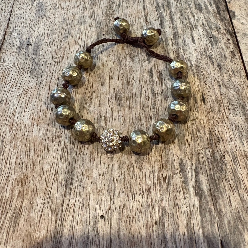 Stunning Gold-hammered and rhinestone adjustable beaded bracelet